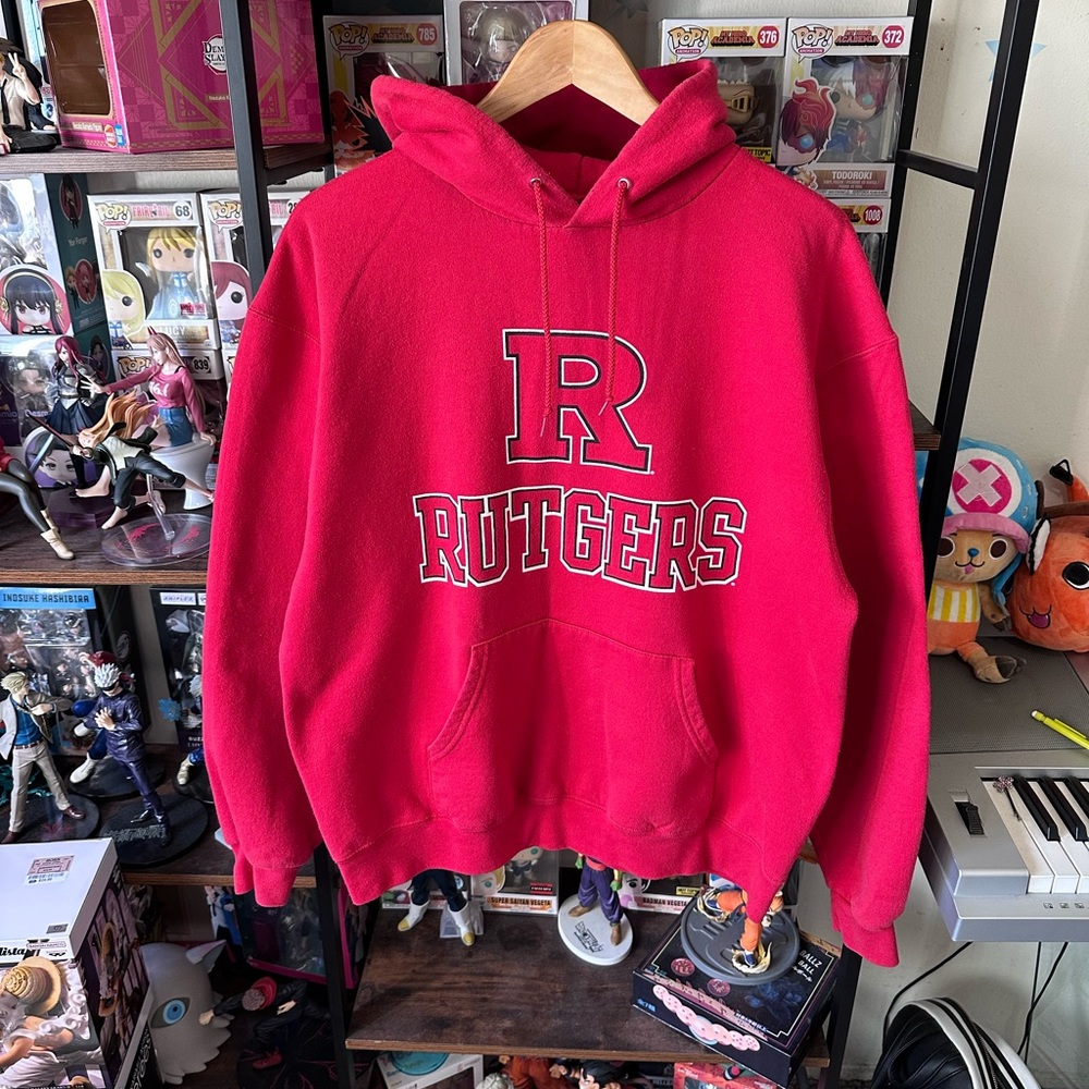 Vintage Champion Rutgers University Hoodie Red Spellout College Sweatshirt L